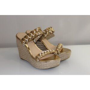 Lulu's Size 9 Sunshy Gold Metallic Platform Espadrille Slide Wedges, Summery